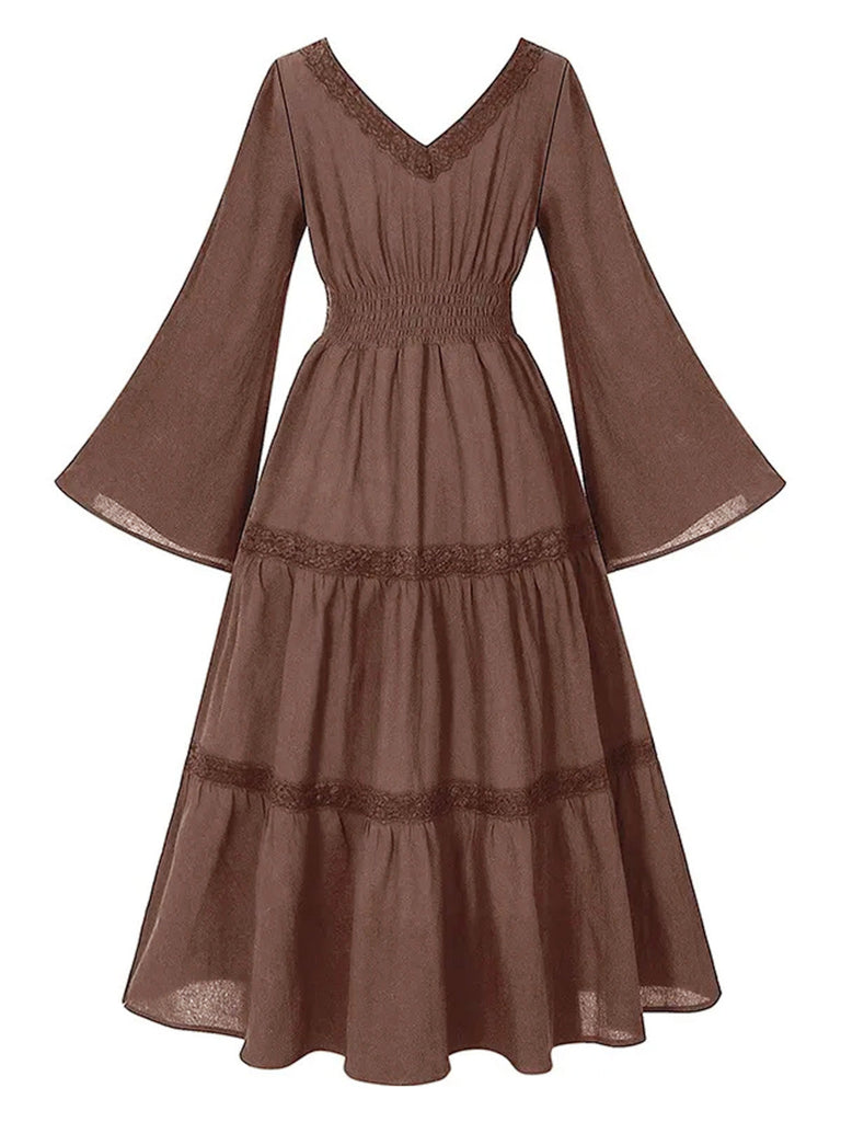 Braun 1970er Viktorianischer Stil Quadratischer Hals Spitze Kleid