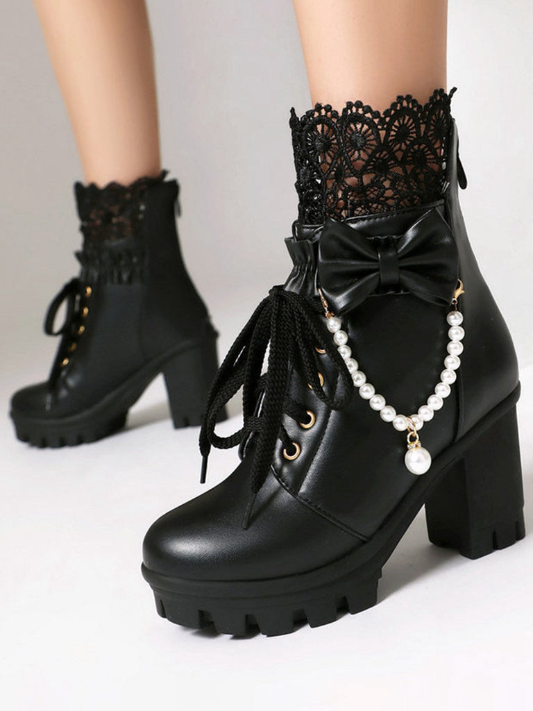 Vintage Spitze Perlen Bogen Blockabsatz Stiefel