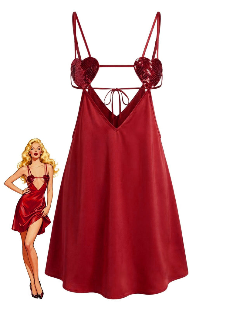 1960er Solide Satin Pailletten Herz Träger Nachthemd