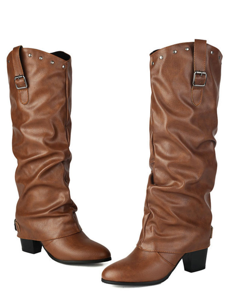 Vintage Genietet Schnalle Wadenmitte Stiefel