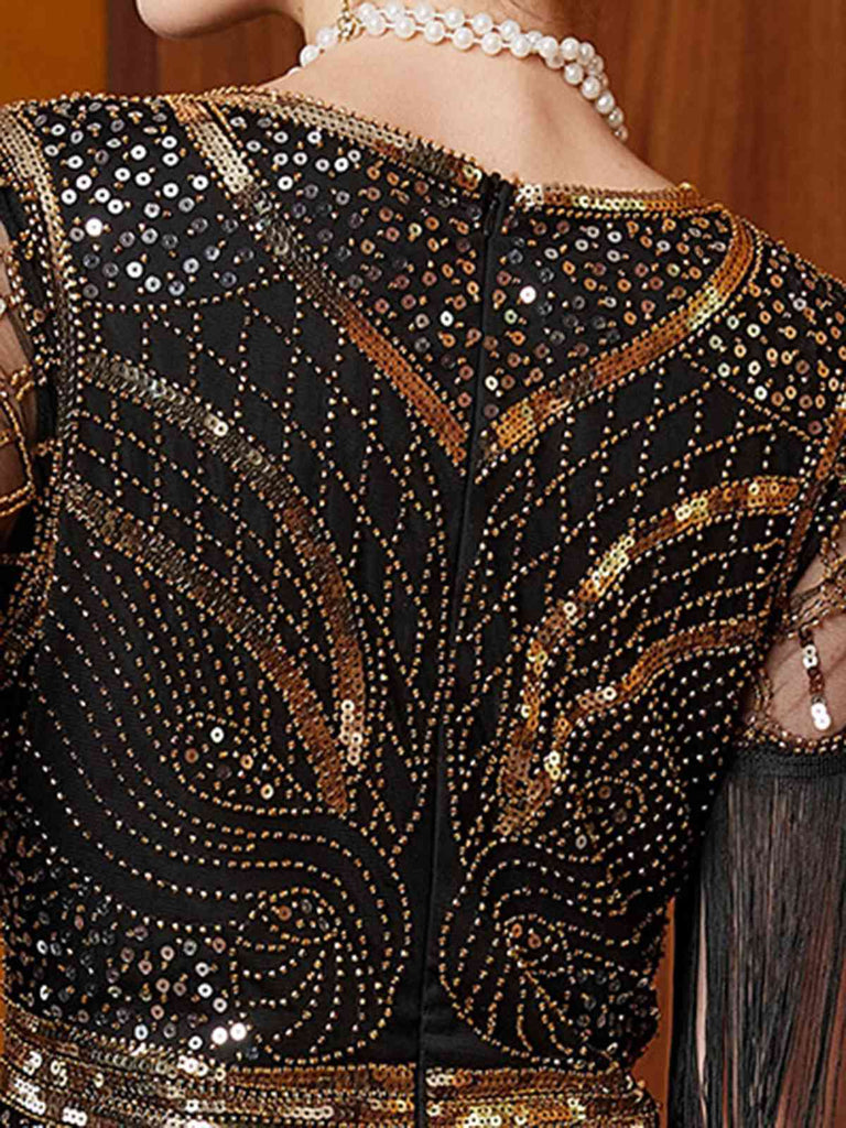 Gold 1920er Pailletten Quaste V-Ausschnitt Maxi Kleid