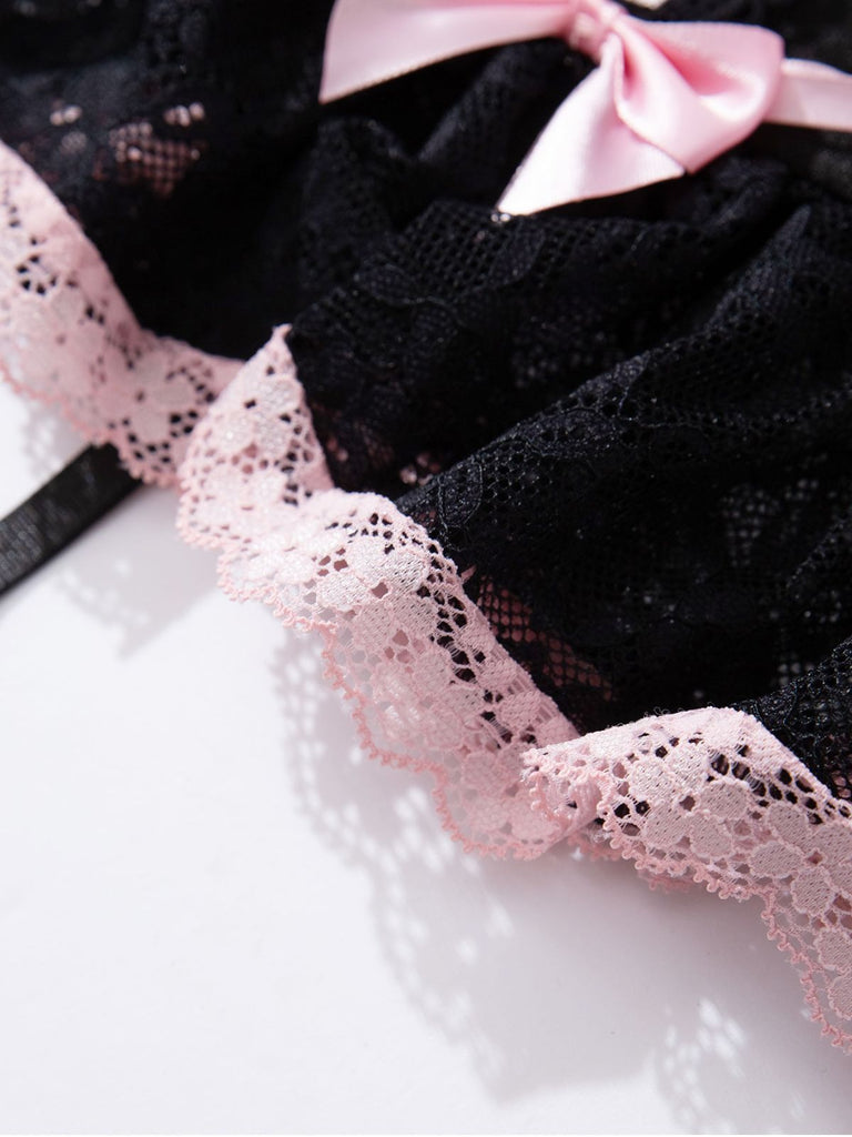 1970er Kontrastiert Spitze Netz Bogen Schnürung Dessous Set