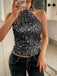 Metallic 1970er Halter Pailletten Ärmellos Top
