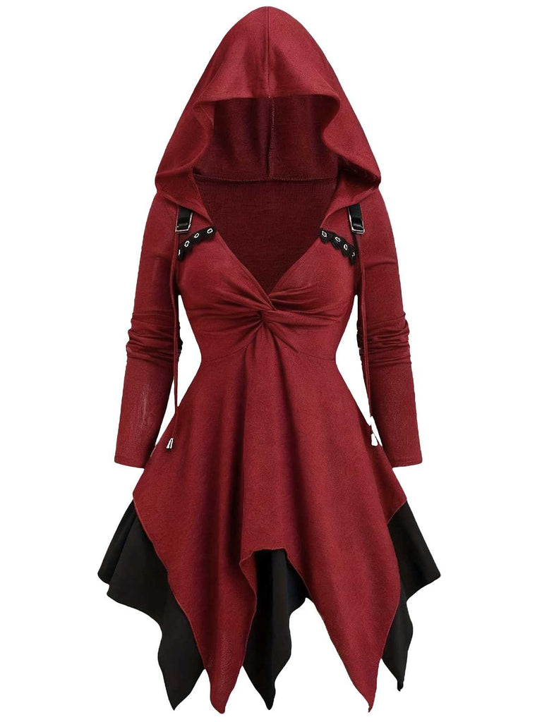 Rot 1980er Gothic Asymmetrischer Saum Hooded Jacke