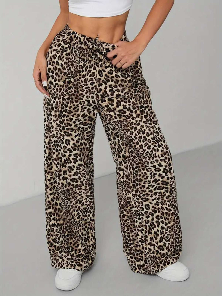 1970er Leopard Weites Bein Kordelzug Hose