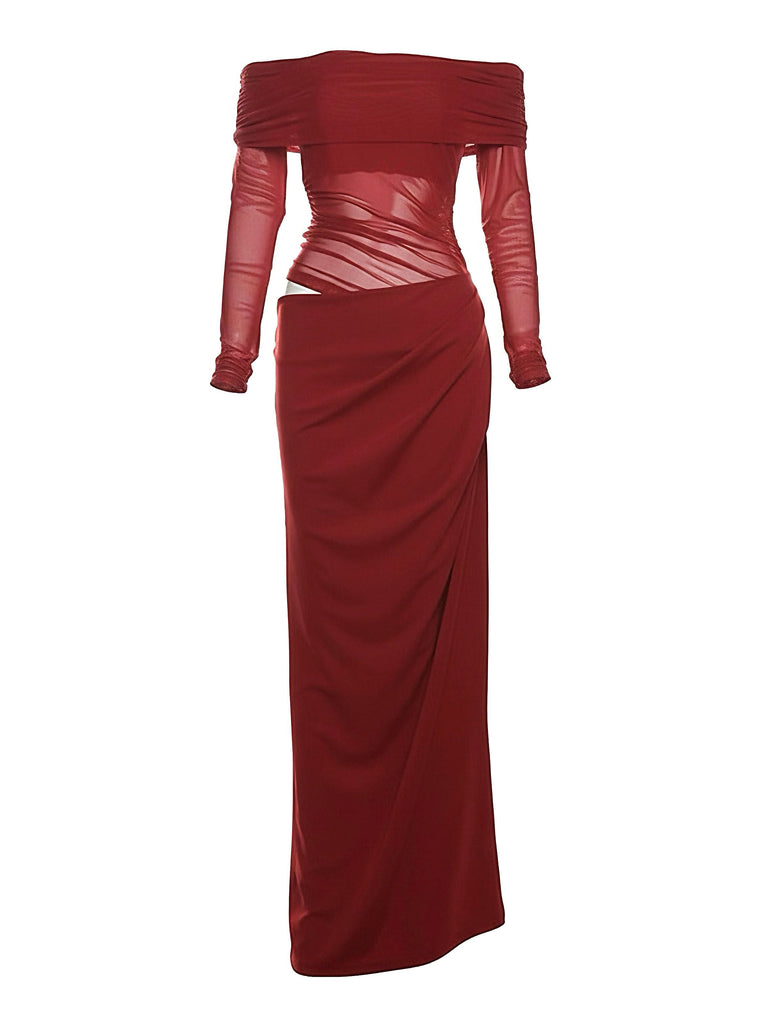 Schwarz 1980er Solide Schulterfrei Netz Cut-Out Durchsichtig Kleid