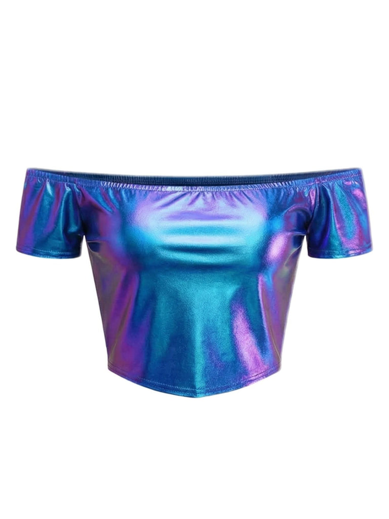 2PCS Metallisch 1970 Disco Schulterfrei Top & Plissiertes Rock