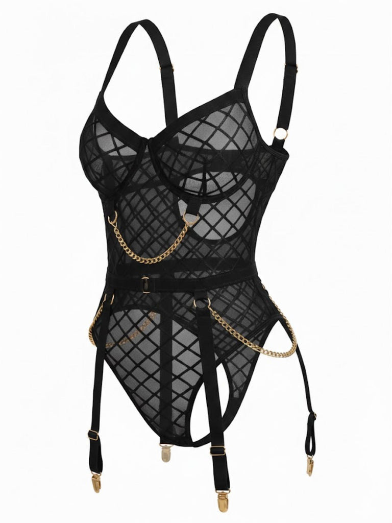 Rot 1970er Riemchen Ketten Akzente Durchsichtig Netz Lingerie