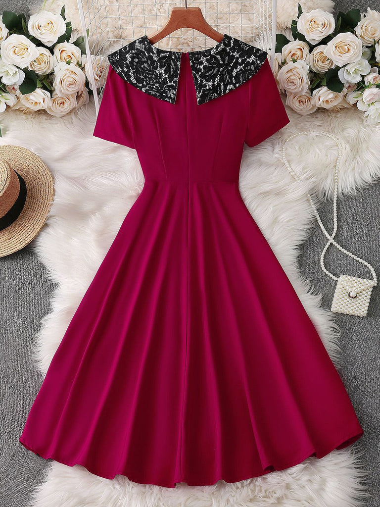 Rot 1950er Spitze Blumen Matrosen Kragen Swing Kleid