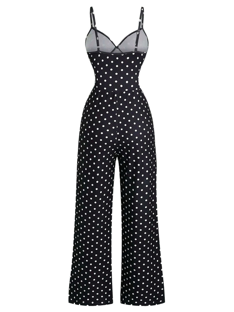 Schwarz 1940er Tupfen Spitze Trim Träger Jumpsuit