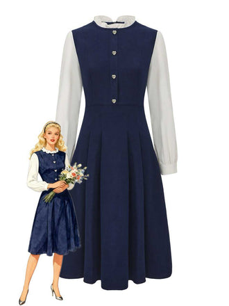 Marineblau 1950er Rüschenkragen Herz Knöpfe Kleid