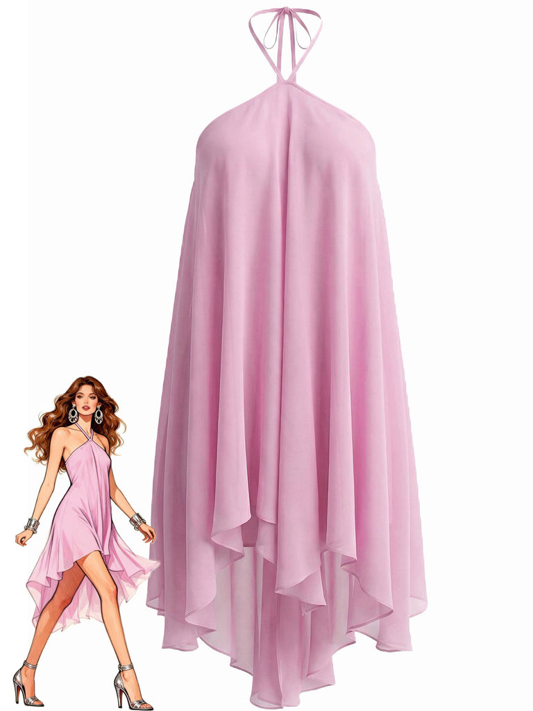 Blau 1970er Solide Mehrschichtig Chiffon Binde Babydoll Kleid