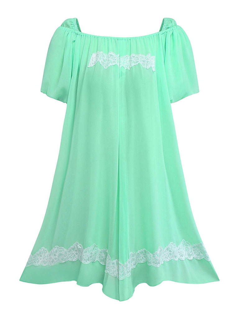 Grün 1970er Spitze Puffärmel Babydoll Kleid
