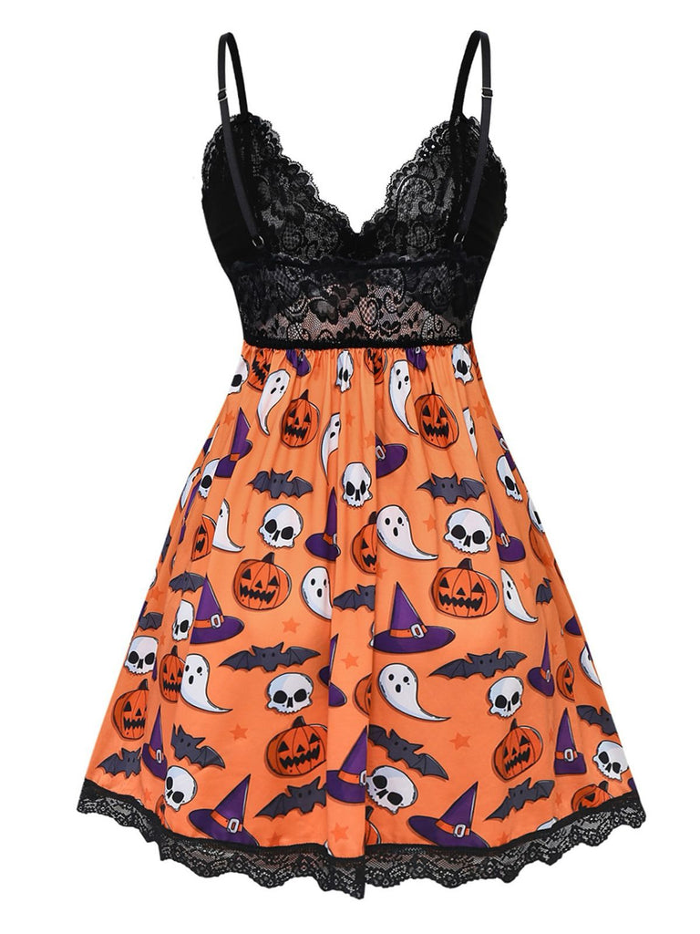 Orange 1960er Halloween Spitze Patchwork Nachtwäsche