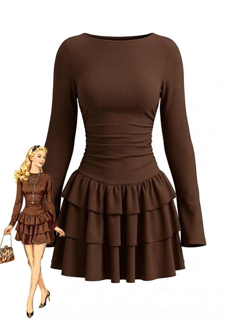 80er Minikleid mit Taillenraffung und gestuftem Rüschensaum