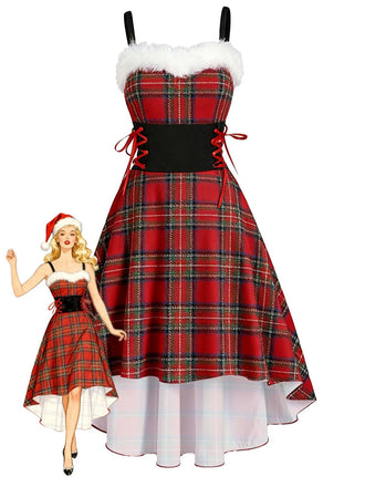 1950er Weihnachten Tartan Pelzbesatz High-Low Saum Kleid
