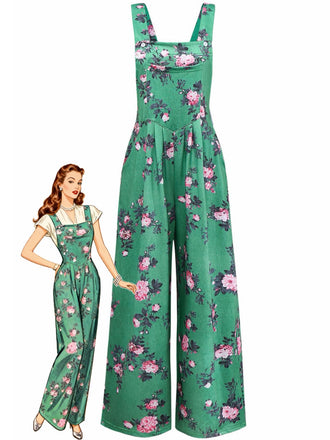 Grün 1940er Blumen Drucken Weitbeinig Jumpsuit