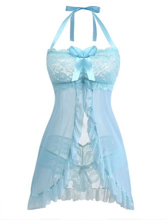 Aqua Blau 1980er Spitze Bogen Dessous Set