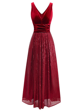 Burgunderrot 1950er Samt Pailletten V-Ausschnitt Maxi Kleid