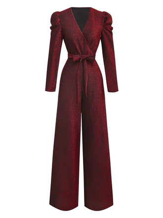 Rot 1980er Funkeln Tief-V Langarm Jumpsuit