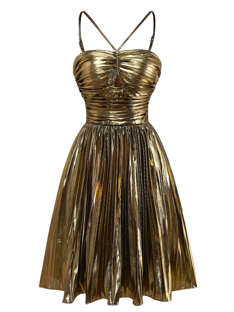 Gold 1960er Metallisch Plissiertes Hollow Party Träger Kleid