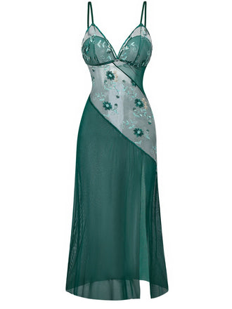 Grün 1930er Spitze Bestickt Blumen Träger Nachthemd