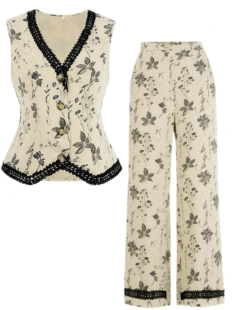 2PCS 1940er Blumen V-Ausschnitt Vest & Hosen