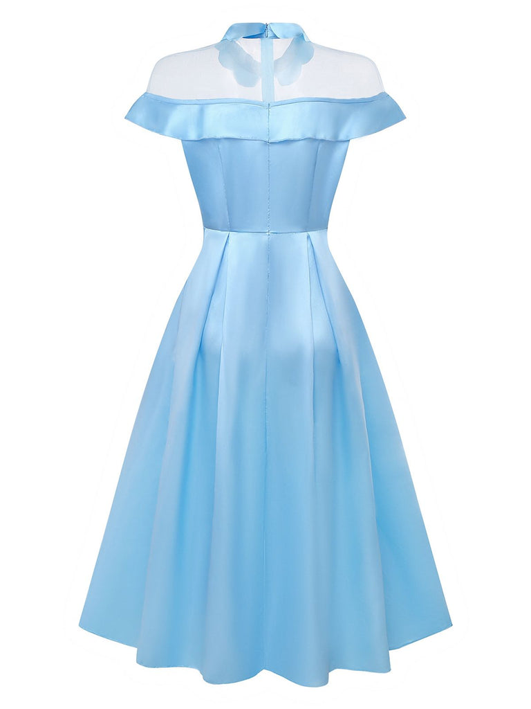 Blau 1940er Satin Netz Gremium Peter-Pan-Kragen Kleid
