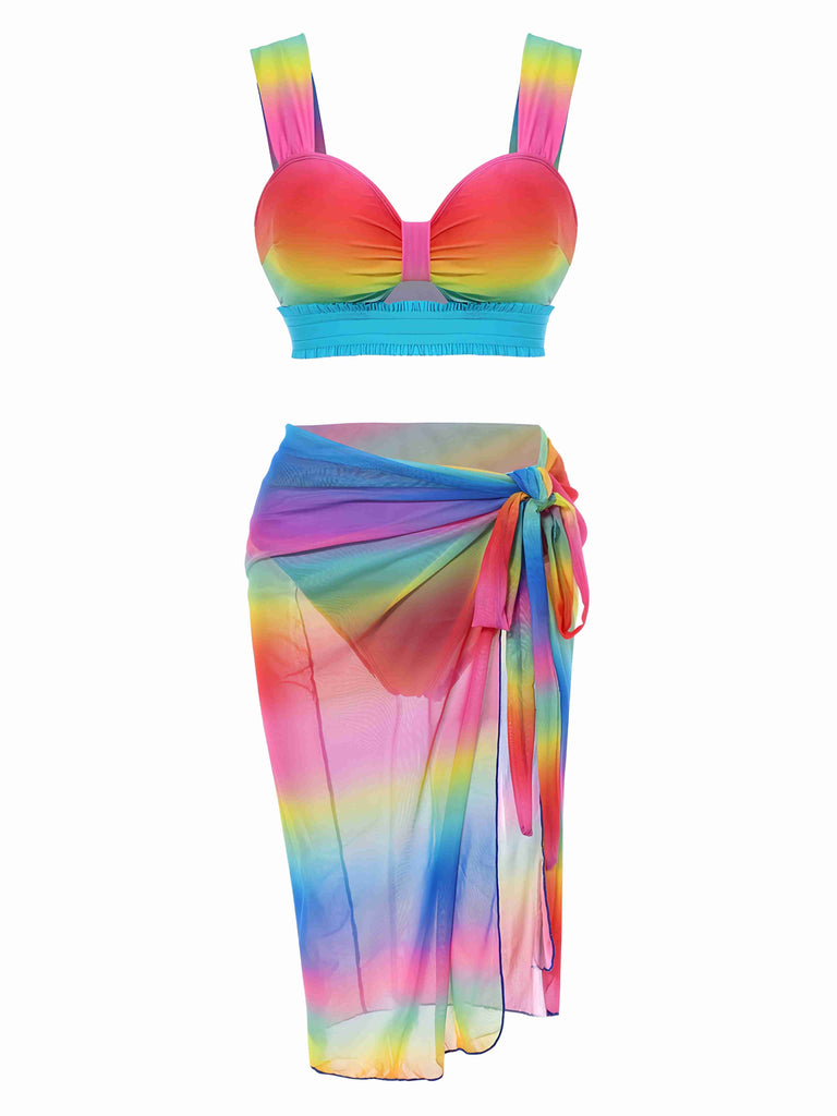 Multicolor 1960er Regenbogenverlauf Gerüschtes Bikini Set & Cover-Up