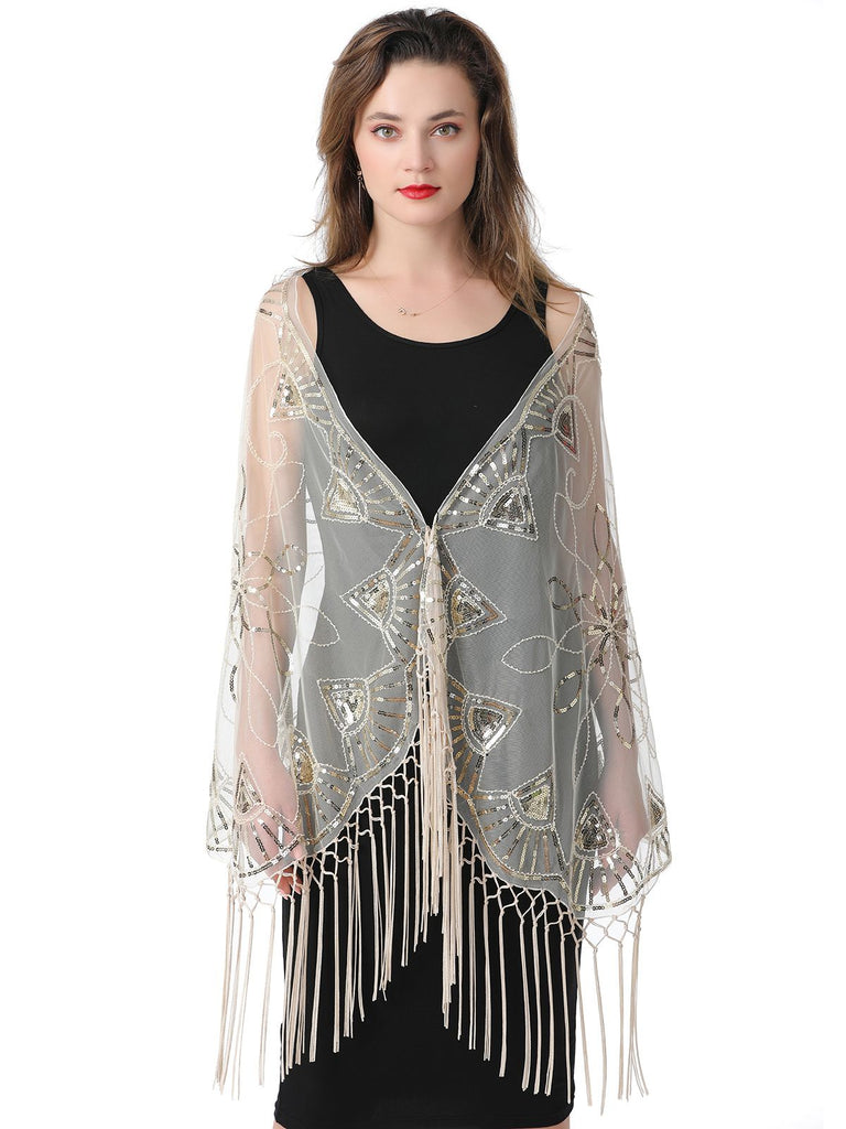 1920er Quaste Pailletten Netz Geometrische Muster Cape