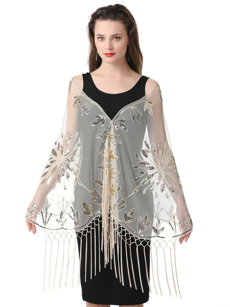 1920er Quaste Pailletten Netz Blumen Cape