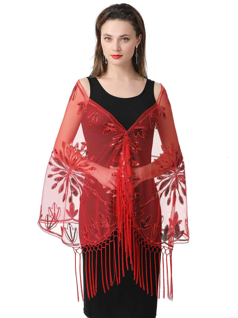1920er Quaste Pailletten Netz Blumen Cape