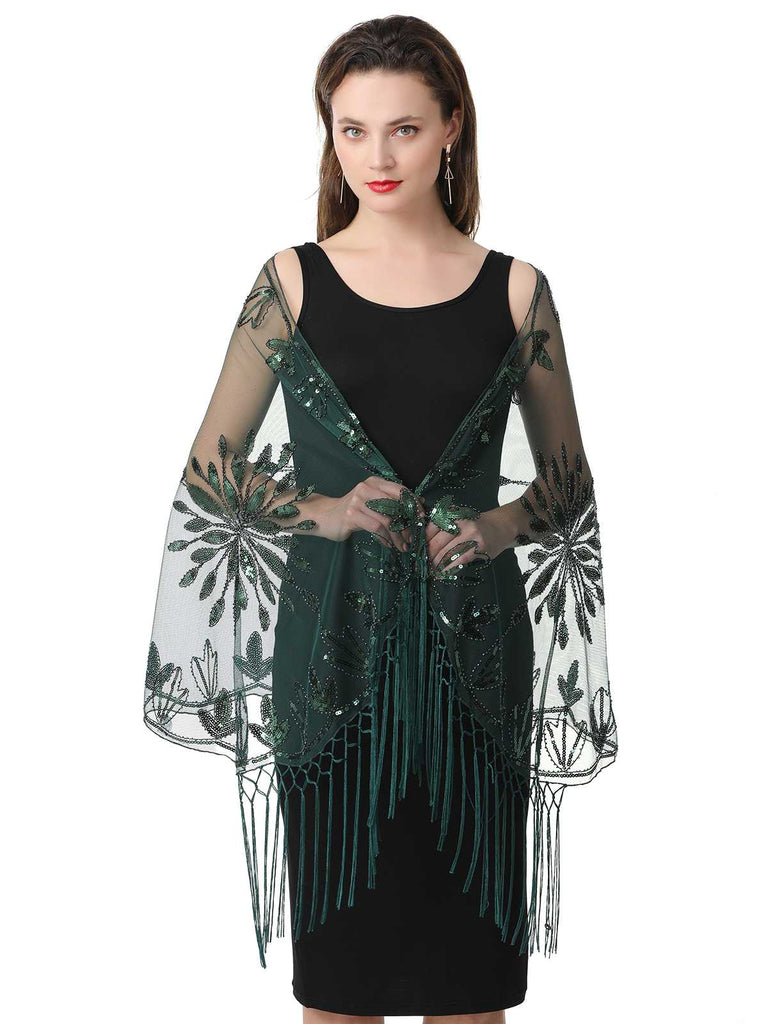1920er Quaste Pailletten Netz Blumen Cape