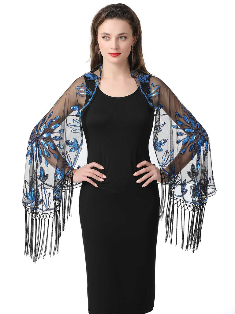 1920er Quaste Pailletten Netz Blumen Cape