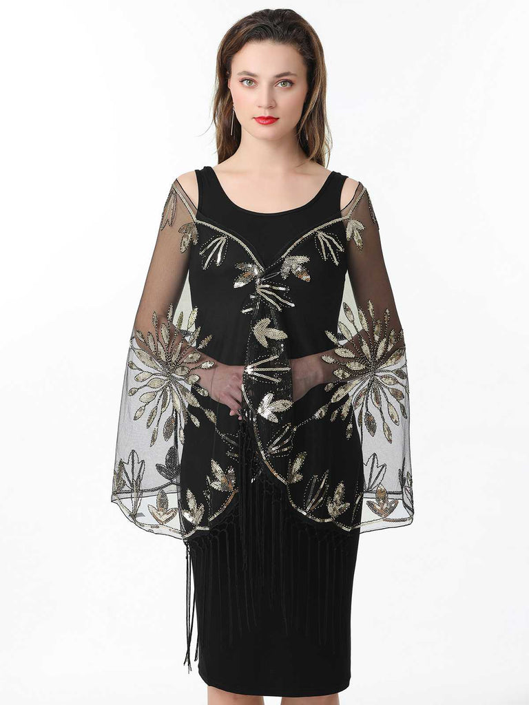 1920er Quaste Pailletten Netz Blumen Cape