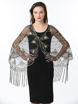Gold 1920er Quaste Pailletten Netz Geometrische Muster Cape