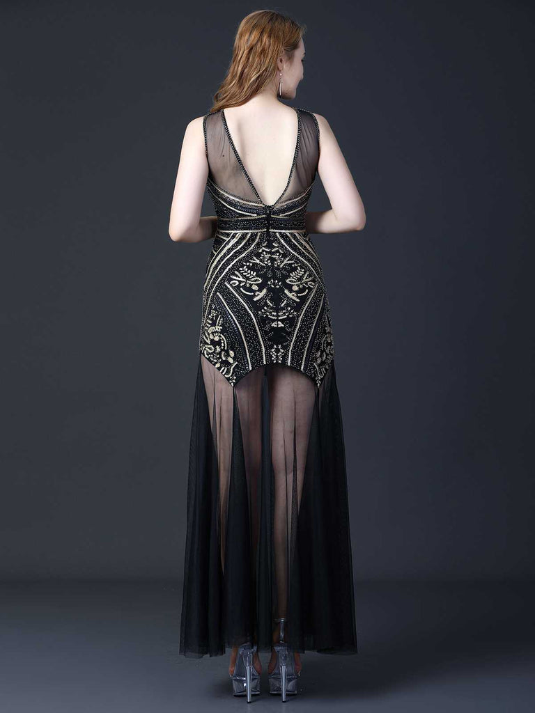Schwarz 1920er Rundhals Transparentes Perlenbesatz Kleid