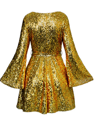 1970er V-Ausschnitt Schlagärmel Pailletten Disco Kleid
