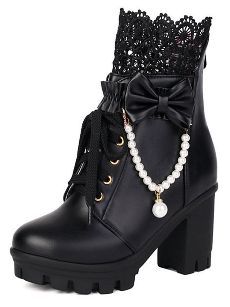 Vintage Spitze Perlen Bogen Blockabsatz Stiefel
