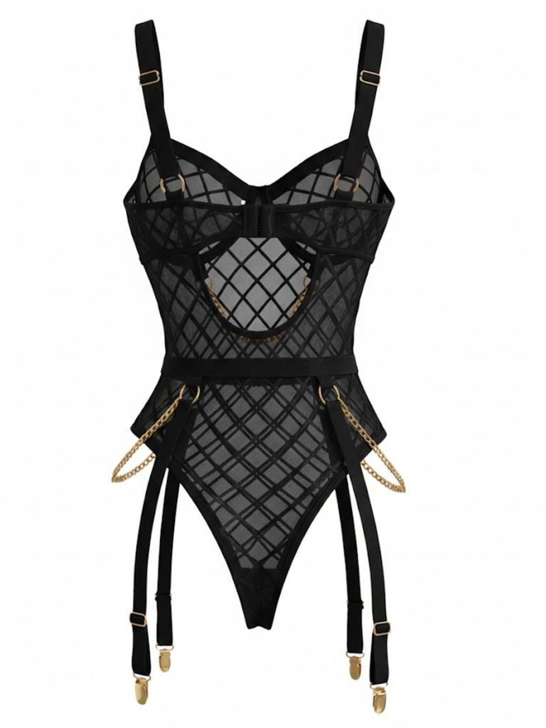 Rot 1970er Riemchen Ketten Akzente Durchsichtig Netz Lingerie