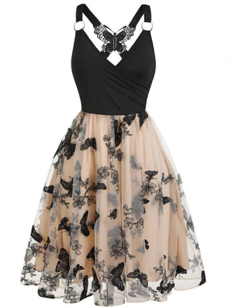 1950er 3D-Schmetterling Besticktes Patchwork Kleid