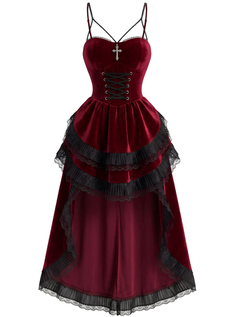 40er Halloween-Gothic-Kleid aus Samt mit asymmetrischer Schleppe