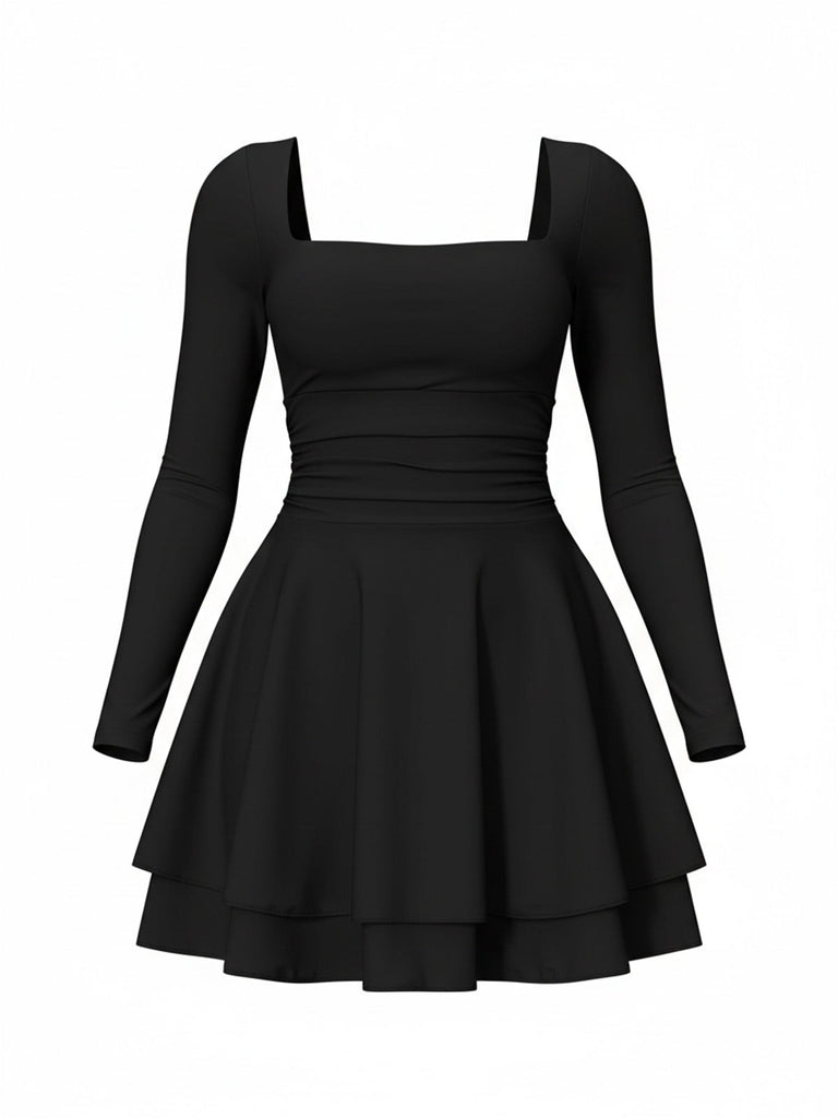 1980er Solide Tailliert Quadratischer Hals Langarm Kleid