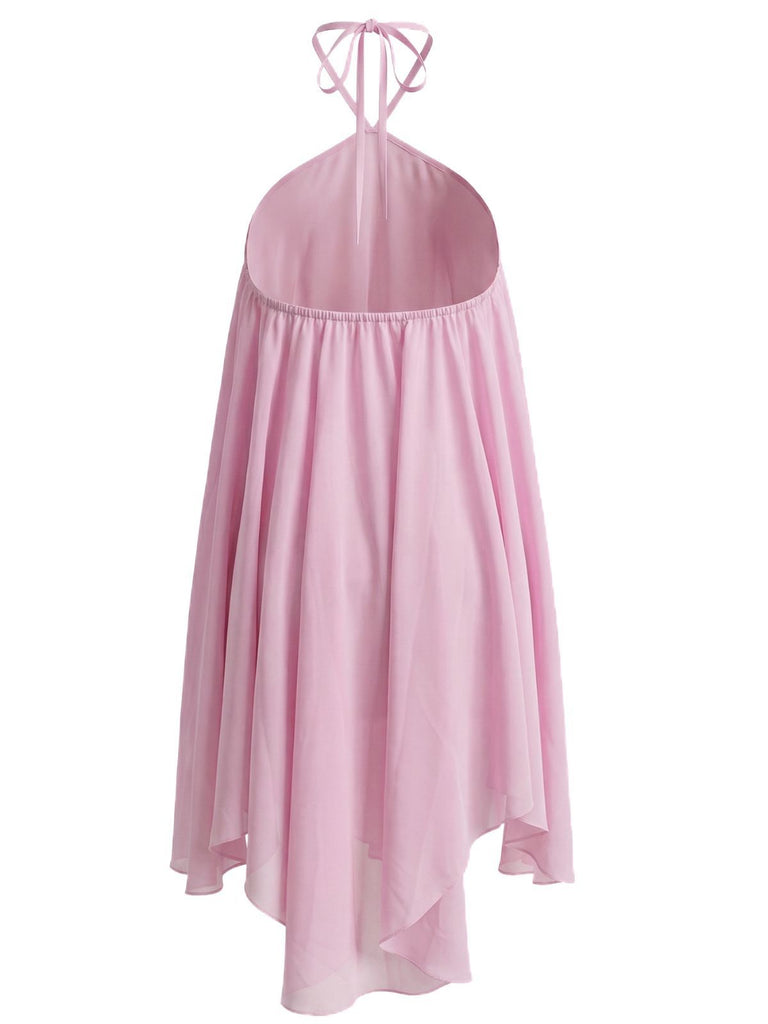 Blau 1970er Solide Mehrschichtig Chiffon Binde Babydoll Kleid