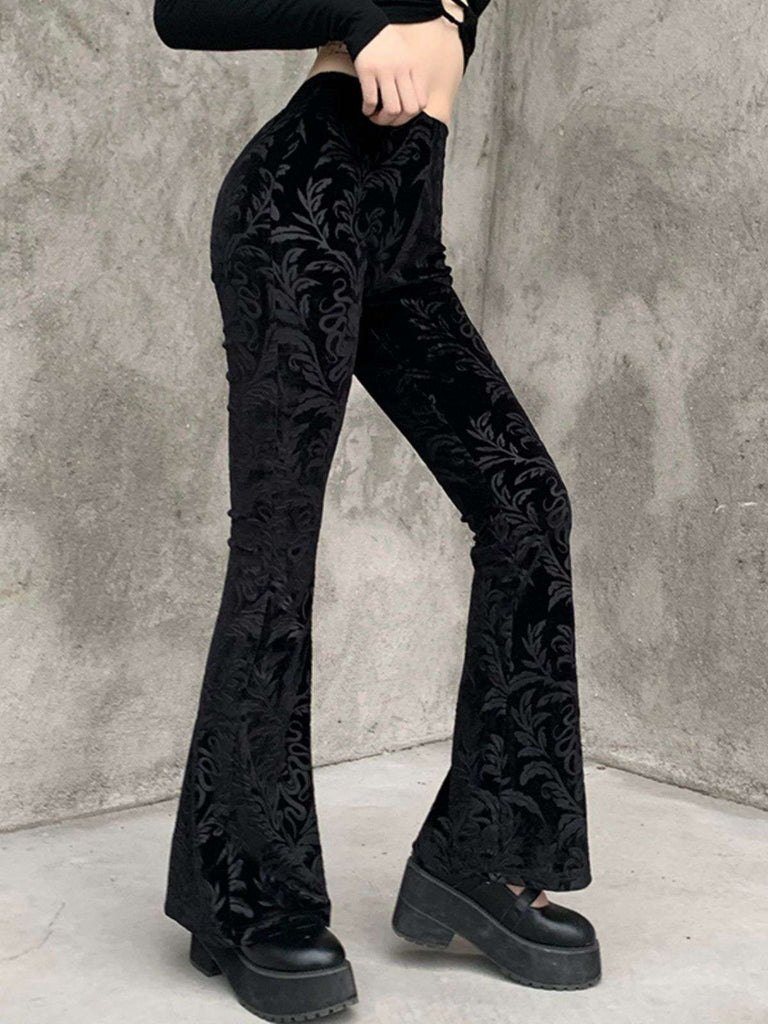 Schwarz 1980er Punk Rebe Drucken Samt Bootcut Hose
