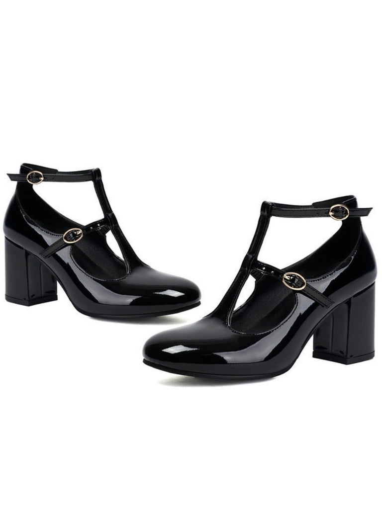 Vintage Lackleder T-Riemen Klobig Absatz Schuhe
