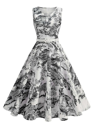 1950er Porzellan Landschaft Ärmellos Gürtel Kleid