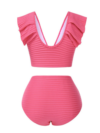 Rosa 1940er Solide Rüschen Bogen Gerüschtes Bikini Set