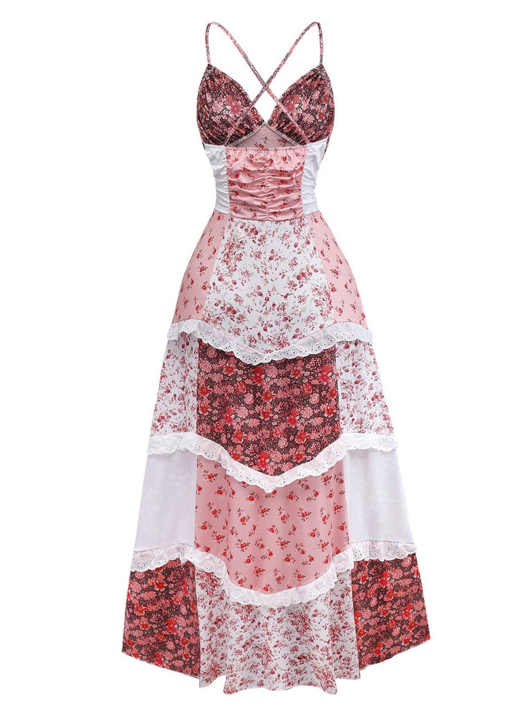 Multicolor 1930er Steppdecke Blumen Rüschen Träger Kleid
