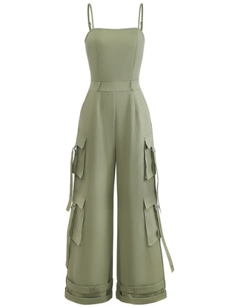 1970er Solide Spaghetti Träger Cargo Stil Weitbeinig Jumpsuit